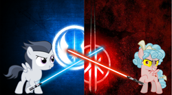 Size: 3692x2052 | Tagged: safe, artist:jawsandgumballfan24, imported from derpibooru, cozy glow, rumble, pegasus, pony, colt, female, filly, grin, jedi, jedi knight, lightsaber, looking at you, male, raised eyebrow, raised hoof, sith, sith lord, smiling, smirk, star wars, starry eyes, weapon, wingding eyes