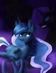 Size: 1662x2160 | Tagged: safe, artist:rimmes-broose, imported from derpibooru, nightmare moon, princess luna, alicorn, pony, duality, ethereal mane, female, mare, missing accessory, starry mane