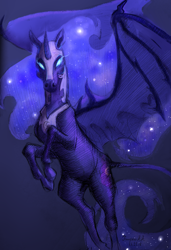 Size: 2263x3317 | Tagged: safe, artist:rimmes-broose, imported from derpibooru, nightmare moon, alicorn, bat pony, horse, pony, bat ponified, cutie mark, cyrillic, ethereal mane, female, glowing eyes, gradient background, helmet, jewelry, looking at you, mare, race swap, realistic, regalia, russian, solo, spread wings, starry mane, wings