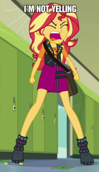 Size: 982x1690 | Tagged: safe, edit, edited screencap, imported from derpibooru, screencap, sunset shimmer, equestria girls, equestria girls series, forgotten friendship, blatant lies, caption, clothes, dialogue, female, geode of empathy, image macro, magical geodes, meme, solo, text, yelling