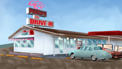 Size: 1920x1080 | Tagged: safe, artist:chiptunebrony, imported from derpibooru, pinkie pie, pony, 1950s, 50s, building, car, diner, parody, restaurant, retro, scenery, sign