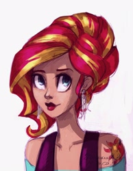 Size: 1677x2160 | Tagged: safe, artist:rimmes-broose, imported from derpibooru, sunset shimmer, human, alternate hairstyle, clothes, ear piercing, earring, female, humanized, jewelry, piercing, simple background, solo, white background