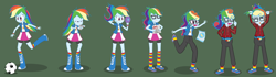 Size: 6391x1800 | Tagged: safe, artist:magerblutooth, imported from derpibooru, rainbow dash, equestria girls, a+, acne, boots, braces, chips, clothes, clothing transformation, commission, eyes closed, fanny pack, food, football, game boy, glasses, grades, high heel boots, high res, mental shift, messy hair, mirror, nerd, nerdification, open mouth, pants, pencil, personality change, plaid shirt, pointing, rainbow dork, sandals, shoes, show accurate, simple background, sports, sweatpants, tongue out, transformation, transformation sequence, transforming clothes, tripping, vector, zit