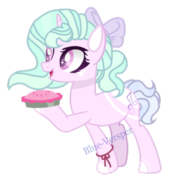 Size: 1024x1061 | Tagged: safe, artist:blue-versper, artist:jxst-blue, imported from derpibooru, oc, oc only, oc:nellie starlight, pony, unicorn, bow, female, food, hair bow, mare, pie, signature, simple background, solo, transparent background