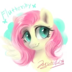 Size: 512x512 | Tagged: safe, artist:colorfulcolor233, artist:oofycolorful, imported from derpibooru, fluttershy, pony, abstract background, bust, female, looking away, looking sideways, mare, name, portrait, signature, smiling, solo, three quarter view