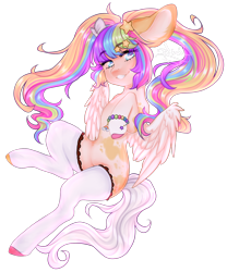 Size: 1040x1248 | Tagged: safe, artist:dusty-onyx, artist:dustyonyx, imported from derpibooru, oc, oc only, oc:lovely starlight, pegasus, pony, clothes, female, mare, multicolored hair, piebald coat, piebald colouring, pigtails, simple background, socks, solo, stockings, thigh highs, transparent background, twintails