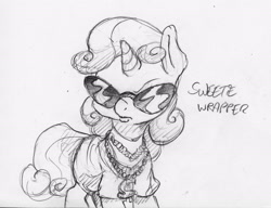 Size: 1890x1455 | Tagged: safe, artist:dilarus, deleted from derpibooru, imported from derpibooru, sweetie belle, pony, unicorn, bling, cash money, female, filly, grayscale, jewelry, monochrome, necklace, pencil drawing, rapper, simple background, sunglasses, traditional art, white background
