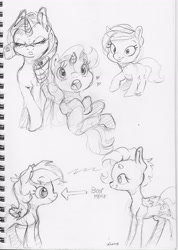 Size: 2328x3261 | Tagged: safe, artist:dilarus, deleted from derpibooru, imported from derpibooru, fluttershy, rainbow dash, rarity, pegasus, pony, unicorn, heart, imminent boop, monochrome, simple background, smoldash, squint, tallershy, traditional art, white background