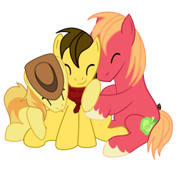 Size: 1280x1280 | Tagged: safe, artist:hutarin, imported from derpibooru, big macintosh, braeburn, oc, earth pony, pony, bandana, cowboy hat, eyes closed, hat, hug, male, simple background, sitting, smiling, stallion, transparent background, unshorn fetlocks