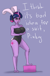 Size: 606x924 | Tagged: safe, artist:kittytitikitty, imported from derpibooru, twilight sparkle, human, equestria girls, breasts, bunny ears, bunny suit, busty twilight sparkle, clothes, engrish, horned humanization, humanized, misspelling