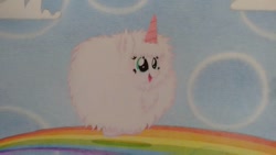 Size: 960x540 | Tagged: dead source, safe, artist:kittyprints91, imported from derpibooru, oc, oc only, oc:fluffle puff, pony, crayon drawing, pink fluffy unicorns dancing on rainbows, rainbow, solo, traditional art