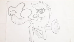 Size: 4128x2322 | Tagged: safe, artist:adjierakapangestu, imported from derpibooru, applejack, pony, drawing, female, hat, lasso, pen drawing, pencil drawing, rope, solo, traditional art