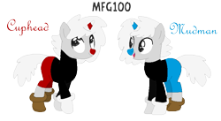 Size: 813x444 | Tagged: safe, artist:mixelfangirl100, artist:selenaede, imported from derpibooru, pony, unicorn, base used, blue nose, clothes, crossover, cuphead, cuphead (character), gloves, hasbro, hasbro studios, misspelling, mugman, ponified, red nose, shoes, shorts, studio mdhr