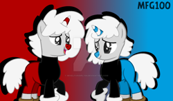 Size: 1024x603 | Tagged: safe, artist:mixelfangirl100, artist:shiibases, imported from derpibooru, pony, unicorn, base used, clothes, crossover, cuphead, cuphead (character), deviantart watermark, gloves, hasbro, hasbro studios, mugman, obtrusive watermark, pac-man eyes, pacman eyes, ponified, shoes, shorts, studio mdhr, watermark