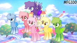 Size: 3208x1784 | Tagged: safe, artist:chaostrical, artist:mixelfangirl100, imported from derpibooru, earth pony, pegasus, pony, unicorn, base used, care bears, cheer bear, colored wings, crossover, funshine bear, glow, glowing, good luck bear, grumpy bear, harmony bear, hasbro, hasbro studios, love-a-lot bear, multicolored wings, ponified, rainbow wings