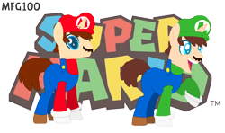 Size: 806x476 | Tagged: safe, artist:mixelfangirl100, artist:selenaede, imported from derpibooru, pony, unicorn, base used, cap, clothes, crossover, gloves, hasbro, hasbro studios, hat, long sleeved shirt, long sleeves, luigi, luigi's hat, mario, mario & luigi, mario's hat, nintendo, overalls, ponified, shirt, shoes, super mario bros., undershirt
