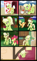 Size: 1024x1707 | Tagged: safe, artist:bonsia-lucky, imported from derpibooru, apple bloom, applejack, granny smith, bird, chicken, earth pony, pony, adult, age regression, apple, apple tree, applebucking, armchair, barn, basket, braces, braid, bucket, chair, comic, eyes closed, feed, female, filly, foal, food, grin, mouth hold, no dialogue, orchard, ponytail, pot, request, sleeping, smiling, teenager, tree, young granny smith, younger