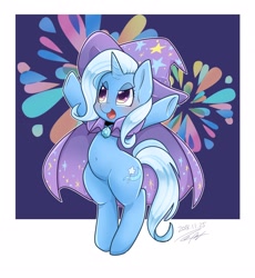 Size: 1884x2048 | Tagged: safe, artist:bbtasu, imported from derpibooru, trixie, pony, unicorn, cape, clothes, cute, diatrixes, female, fireworks, hat, mare, solo, trixie's cape, trixie's hat