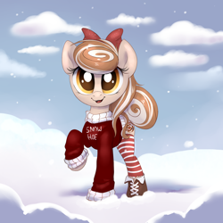 Size: 2000x2000 | Tagged: safe, artist:confetticakez, imported from derpibooru, oc, oc only, oc:cinnamon spangled, pony, boots, bow, clothes, cute, female, mare, ocbetes, shoes, snow, socks, solo, striped socks, sweater, thigh highs, winter