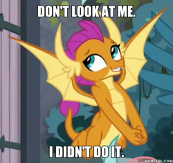 Size: 600x565 | Tagged: safe, edit, edited screencap, imported from derpibooru, screencap, ocellus, smolder, pony, school daze, bronybait, caption, cute, image macro, memeful.com, offscreen character, smolderbetes, text