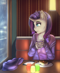 Size: 3608x4375 | Tagged: safe, artist:mintjuice, imported from derpibooru, rarity, anthro, unicorn, cafe, cake, candle, clothes, evening, female, food, mare, mug, rain, scarf, solo, street, sweater, tea, window, ych result