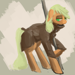 Size: 1280x1279 | Tagged: safe, artist:erijt, imported from derpibooru, applejack, earth pony, pony, abstract background, clothes, female, floppy ears, jacket, lidded eyes, mare, missing accessory, pole, smiling, solo