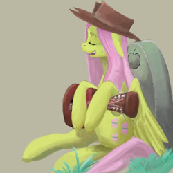 Size: 1280x1280 | Tagged: safe, artist:erijt, imported from derpibooru, fluttershy, pegasus, pony, cowboy hat, cutie mark, eyes closed, female, floppy ears, gravestone, guitar, hat, implied death, mare, open mouth, simple background, sitting, solo