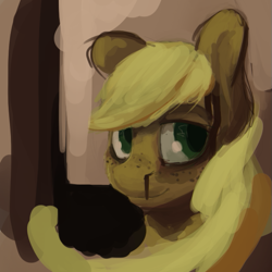 Size: 579x579 | Tagged: safe, artist:erijt, imported from derpibooru, applejack, pony, blood, bust, female, lidded eyes, mare, missing accessory, nosebleed, solo