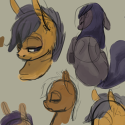 Size: 1280x1280 | Tagged: safe, artist:erijt, imported from derpibooru, scootaloo, oc, oc:sable, earth pony, pony, duo, female, filly, floppy ears, lidded eyes, mare, rear view, simple background, sketch, sketch dump