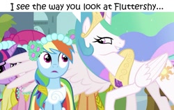 Size: 989x627 | Tagged: safe, edit, edited screencap, editor:leonidus, imported from derpibooru, screencap, applejack, pinkie pie, princess celestia, rainbow dash, twilight sparkle, alicorn, pegasus, pony, a canterlot wedding, bridesmaid dress, circlet, clothes, dialogue, dress, female, flutterdash, implied flutterdash, implied lesbian, implied shipping, lesbian, out of context, shipper on deck, shipping, smiling, smirk, text, trollestia, whispering