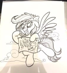 Size: 1862x2048 | Tagged: safe, artist:whitediamonds, imported from derpibooru, rainbow dash, scootaloo, pegasus, pony, the washouts (episode), cheering, fangirl, female, flying, foreshadowing, monochrome, solo, traditional art