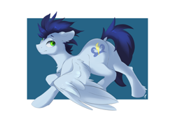 Size: 1244x866 | Tagged: safe, artist:tangomangoes, imported from derpibooru, soarin', pegasus, pony, abstract background, butt, chest fluff, dock, ear fluff, floppy ears, hoof fluff, looking back, male, plot, raised hoof, raised leg, soarass, solo, spread wings, stallion, wings