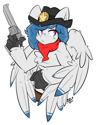 Size: 2426x3162 | Tagged: safe, artist:bbsartboutique, imported from derpibooru, oc, oc only, oc:delta dart, hippogriff, badge, bandana, commission, cowboy hat, gun, handgun, hat, ranger, revolver, simple background, solo, talons, transparent background, weapon, wings