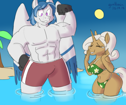 Size: 1200x1000 | Tagged: safe, artist:goat train, imported from derpibooru, oc, oc only, oc:delta dart, oc:rewind, anthro, hippogriff, unicorn, clothes, delwind, muscles, size difference, swimsuit, talons