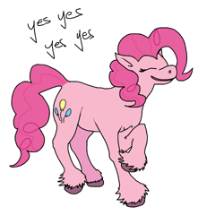 Size: 500x500 | Tagged: safe, artist:autumnbramble, imported from derpibooru, pinkie pie, earth pony, pony, cute, diapinkes, eyes closed, female, floppy ears, happy, hoof fluff, mare, raised hoof, simple background, smiling, solo, text, unshorn fetlocks, white background, yes