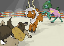 Size: 700x500 | Tagged: safe, artist:autumnbramble, imported from derpibooru, oc, oc only, oc:autumn bramble, oc:tempus fidgets, deer, earth pony, pony, sports, wrestling, wrestling ring