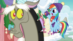 Size: 1280x720 | Tagged: safe, imported from derpibooru, screencap, discord, rainbow dash, draconequus, pegasus, pony, best gift ever, clothes, duo, female, flying, hat, male, mare, open mouth, scarf, snow