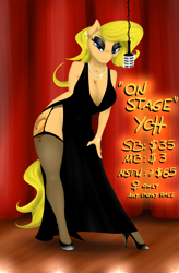 Size: 2500x3800 | Tagged: safe, artist:metalbladepegasus, imported from derpibooru, anthro, breasts, cleavage, clothes, dress, evening dress, female, garter belt, high heels, jewelry, microphone, shoes, solo, stage, stockings, thigh highs, ych example, your character here