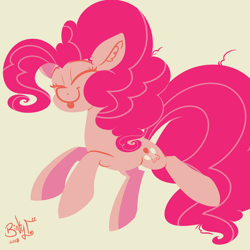 Size: 2000x2000 | Tagged: safe, artist:binkyt11, imported from derpibooru, pinkie pie, earth pony, pony, :p, cute, diapinkes, ear fluff, female, limited palette, mare, medibang paint, ponk, silly, simple background, solo, tongue out, yellow background