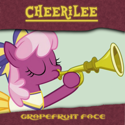 Size: 2000x2000 | Tagged: safe, artist:grapefruitface1, edit, imported from derpibooru, cheerilee, pony, bugle mistaken for a trumpet, cheerileeder, cheerleader, europe, europe (band), grapefruit face, musical instrument, parody, show accurate, single cover, trumpet