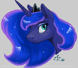 Size: 1200x1050 | Tagged: safe, artist:amarynceus, imported from derpibooru, princess luna, pony, bust, crown, cute, ethereal mane, female, freckles, gray background, horn, jewelry, looking at you, mare, portrait, regalia, simple background, smiling, solo, starry mane