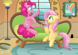 Size: 4950x3510 | Tagged: safe, artist:raspberrystudios, imported from derpibooru, fluttershy, pinkie pie, earth pony, pegasus, pony, couch, cute, duo, excited, female, fluttershy's cottage, folded wings, food, indoors, lamp, looking at each other, mare, open mouth, smiling, tea, wings