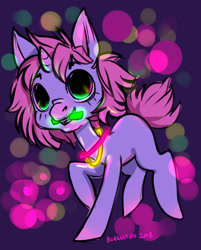 Size: 1280x1596 | Tagged: safe, artist:bukkustuff, imported from derpibooru, oc, oc only, pony, unicorn, abstract background, glowstick, horn, jewelry, mouth hold, necklace, rave, signature, unicorn oc, wide eyes