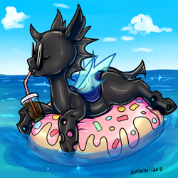 Size: 3900x3900 | Tagged: safe, artist:thatweirdpigeonlady, imported from derpibooru, oc, oc only, oc:blank slate, changeling, cloud, drink, floaty, inflatable, inflatable toy, inner tube, pool toy, solo, sunglasses, water, ych result