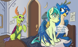 Size: 1280x772 | Tagged: safe, artist:kam, imported from derpibooru, gallus, sandbar, thorax, changedling, changeling, earth pony, griffon, pony, bed, blushing, caught, clapping, cute, dialogue, gallbar, gay, king thorax, looking back, male, missing horn, quadrupedal, school of friendship, shipper on deck, shipping, starlight says bravo, teenager, thorabetes, wing hold