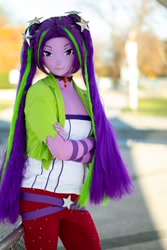 Size: 1092x1638 | Tagged: safe, artist:mimickig, artist:mimickigurumi, imported from derpibooru, aria blaze, human, equestria girls, animegao kigurumi, clothes, cosplay, costume, irl, irl human, kigurumi, mask, photo, purple, solo