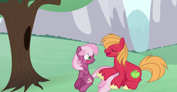 Size: 3224x1688 | Tagged: safe, artist:roseloverofpastels, imported from derpibooru, big macintosh, cheerilee, pony, cheerimac, female, male, shipping, straight, tree