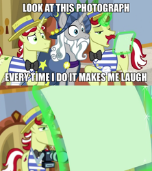 Size: 960x1080 | Tagged: safe, edit, edited screencap, imported from derpibooru, screencap, flam, flim, star swirl the bearded, pony, unicorn, friendship university, camera, caption, exploitable meme, flim flam brothers, glowing horn, image macro, levitation, look at this photograph, magic, meme, nickelback, photo, song reference, telekinesis, template, text