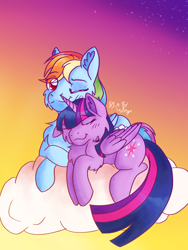 Size: 2448x3264 | Tagged: safe, artist:8bitgalaxy, imported from derpibooru, rainbow dash, twilight sparkle, alicorn, pegasus, pony, caring, cheek fluff, chest fluff, cloud, cuddling, ear fluff, eyes closed, female, fluffy, lesbian, lying down, mare, on a cloud, one eye closed, shipping, sleeping, smiling, sunset, together, twidash, twilight sparkle (alicorn), watching