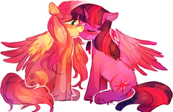 Size: 1280x827 | Tagged: safe, artist:sunomii, imported from derpibooru, fluttershy, twilight sparkle, alicorn, pegasus, pony, cute, eyes closed, female, lesbian, mare, nuzzling, shipping, simple background, twilight sparkle (alicorn), twishy, unshorn fetlocks, white background